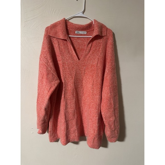 Zara Sweaters - ZARA Pink Orange Heathered Checkered Boxy V-Neck Sweater SZ L